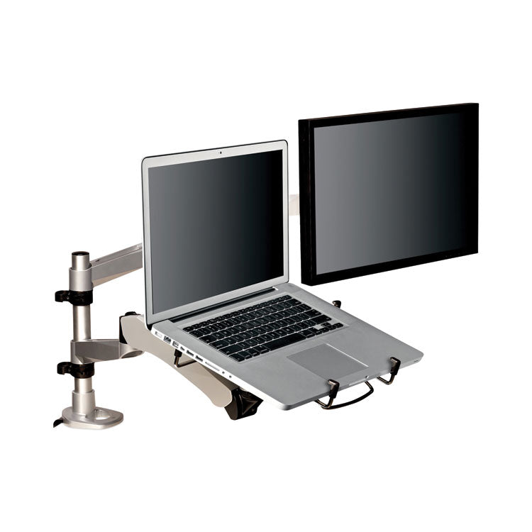 Easy-Adjust Desk Dual Arm Mount For 27" Monitors, 360 Deg Rotation, +90/-15 Deg Tilt, 360 Deg Pan, Silver, Supports 20 Lb