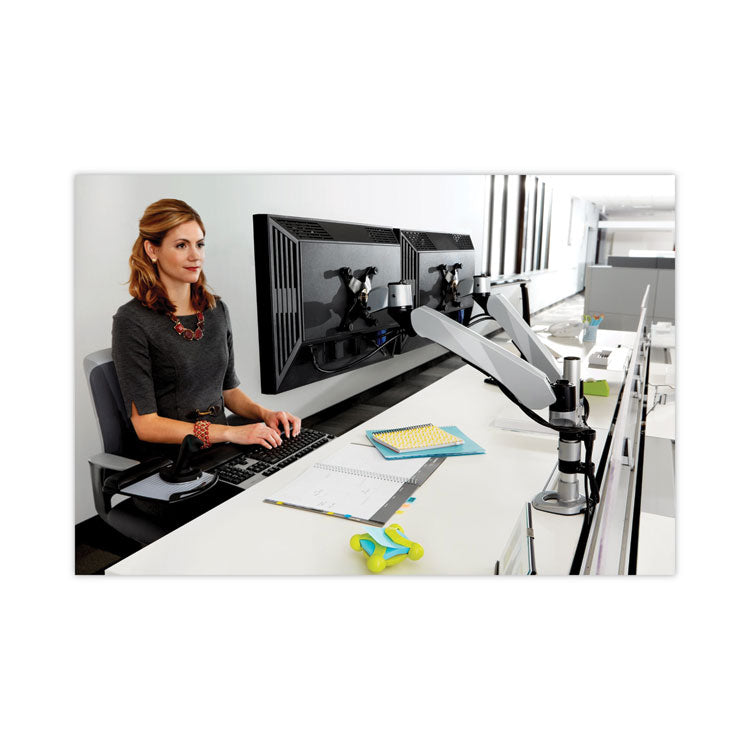 Easy-Adjust Desk Dual Arm Mount For 27" Monitors, 360 Deg Rotation, +90/-15 Deg Tilt, 360 Deg Pan, Silver, Supports 20 Lb