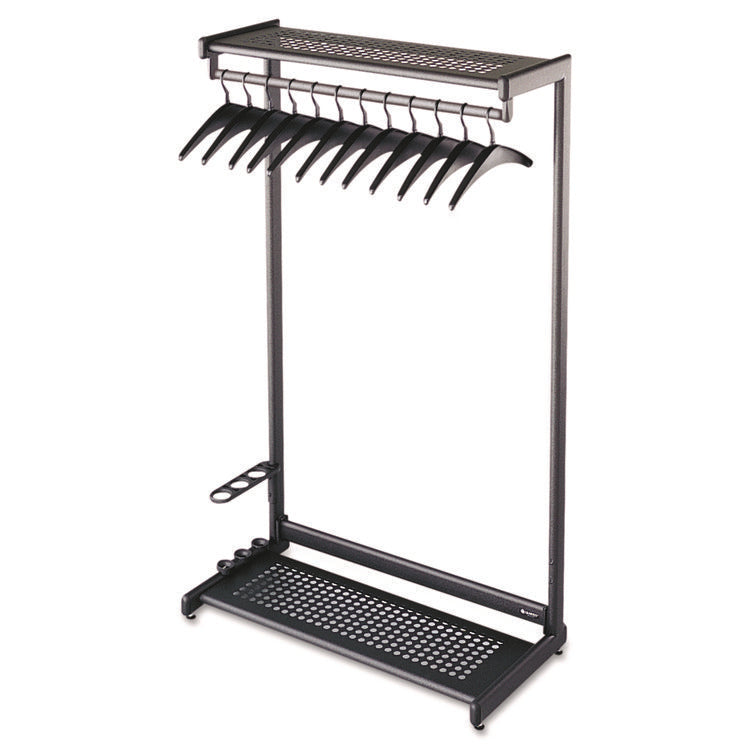 Single-Sided Rack with Two Shelves, 12 Hangers, Steel, 36w x 18.5d x 61.5h, Black