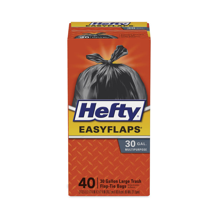 Easy Flaps Trash Bags, Tie-Flap, 30 gal, 0.85 mil, 30" x 33", Black, 40/Box