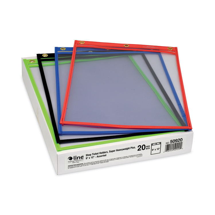 Super Heavyweight Plus Stitched Shop Ticket Holders, Top Load 9 x 12 Insert, Clear Front, Assorted Border Colors, 20/Box