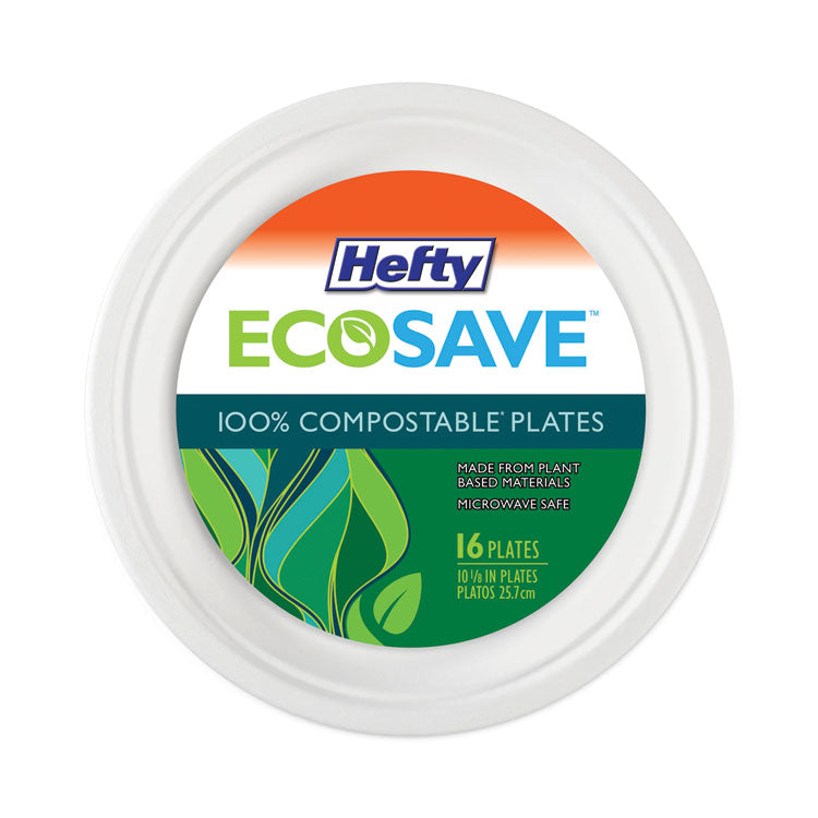 ECOSAVE Tableware, Plate, Sugarcane, 10.13" dia, White, 16/Pack