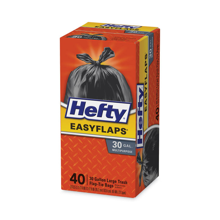 Easy Flaps Trash Bags, Tie-Flap, 30 gal, 0.85 mil, 30" x 33", Black, 40/Box
