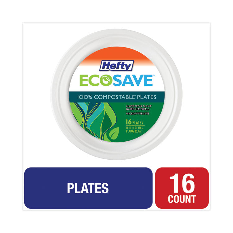 ECOSAVE Tableware, Plate, Sugarcane, 10.13" dia, White, 16/Pack