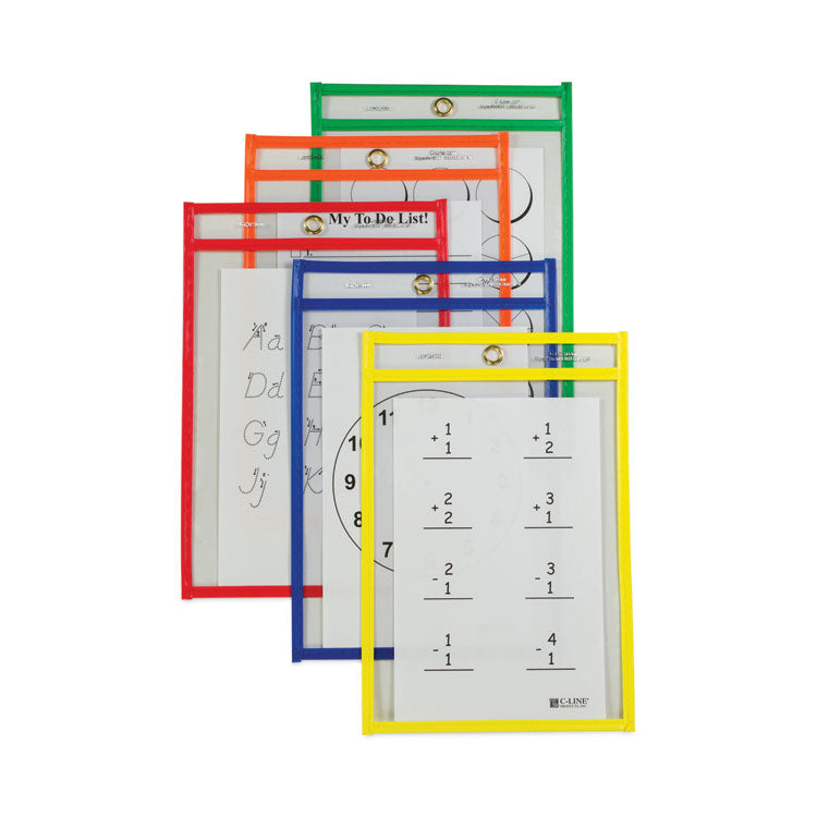Reusable Dry Erase Pockets, Super Heavy-Duty, Top Load 6 x 9 Insert, Clear Front, Assorted Border Colors, 10/Pack