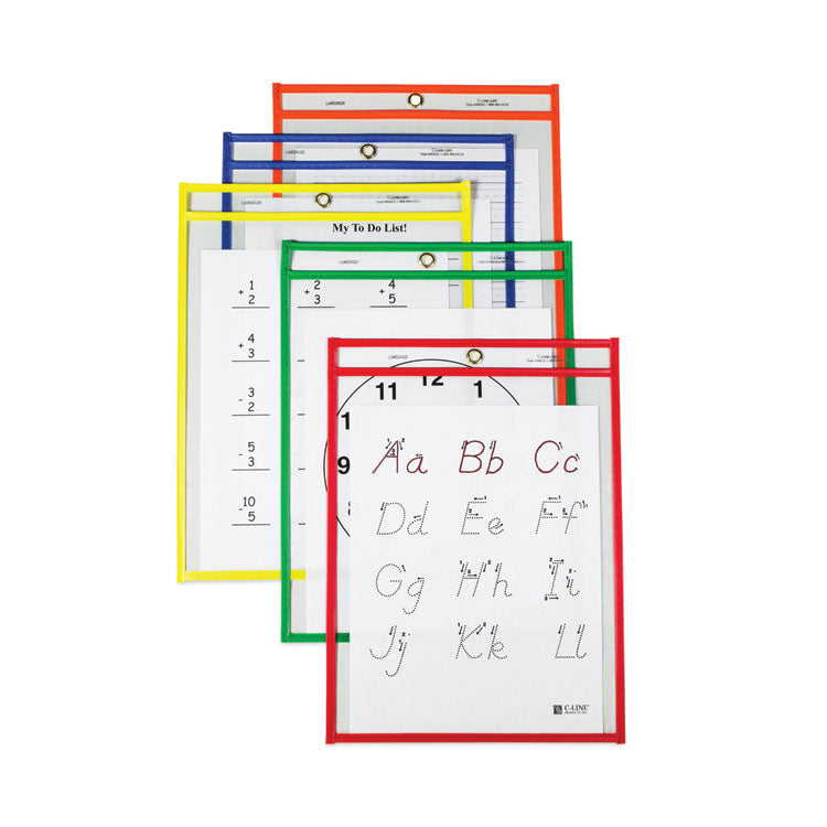 Reusable Dry Erase Pockets, Super Heavy-Duty, Top Load 9 x 12 Insert, Clear Front, Assorted Border Colors, 25/Box