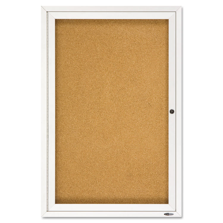 Enclosed Indoor Cork Bulletin Board with One Hinged Door, 24" x 36", Tan Surface, Satin Aluminum Frame