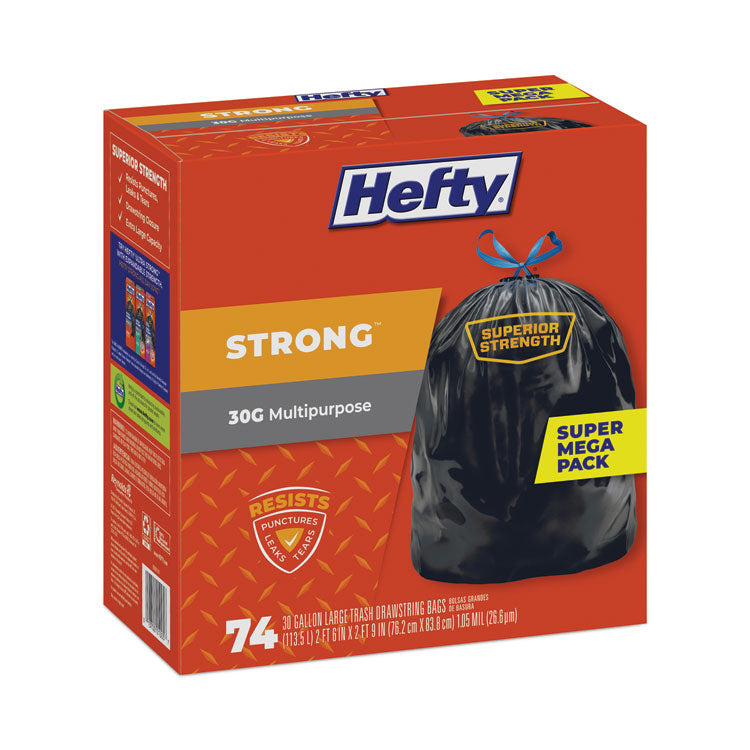 Strong Multipurpose Drawstring Trash Bags, 30 gal, 1.1 mil, 30" x 33", Black, 74/Box