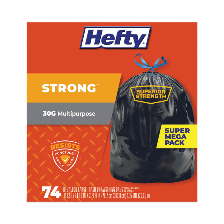 Strong Multipurpose Drawstring Trash Bags, 30 gal, 1.1 mil, 30" x 33", Black, 74 Bags/Box, 3 Boxes/Carton