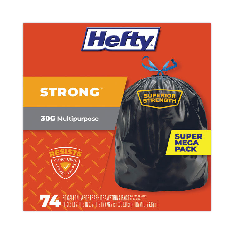 Strong Multipurpose Drawstring Trash Bags, 30 gal, 1.1 mil, 30" x 33", Black, 74/Box
