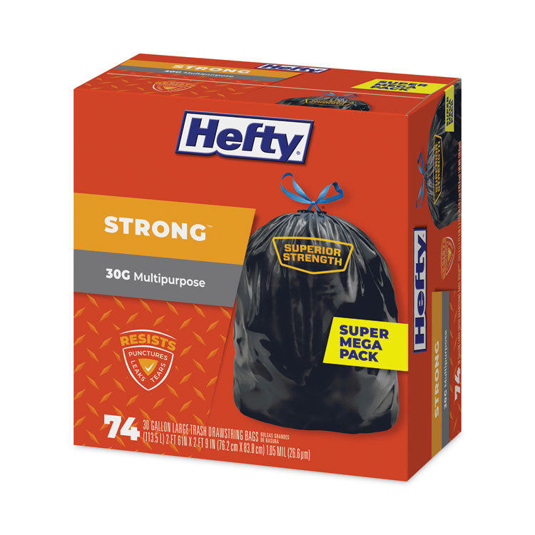 Strong Multipurpose Drawstring Trash Bags, 30 gal, 1.1 mil, 30" x 33", Black, 74 Bags/Box, 3 Boxes/Carton