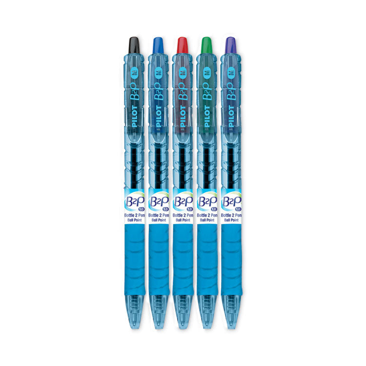B2p Bottle-2-Pen Recycled Ballpoint Pen, Retractable, Medium 1 Mm, Assorted Ink Colors, Translucent Blue Barrel, 5/pack