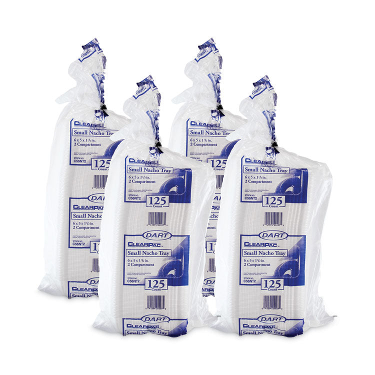 ClearPac Small Nacho Tray, 2 Compartments, 5 x 6 x 1.5, Clear, Plastic, 125/Bag, 4 Bags/Carton