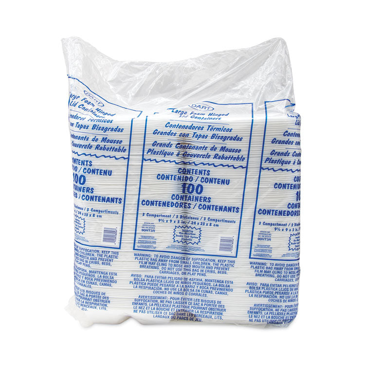 Foam Hinged Lid Container, 3 Compartments, 8 oz, 9 x 9.4 x 3, White, 100/Sleeve, 2 Sleeves/Carton