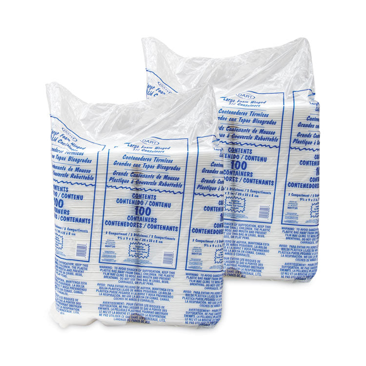 Foam Hinged Lid Container, 3 Compartments, 8 oz, 9 x 9.4 x 3, White, 100/Sleeve, 2 Sleeves/Carton