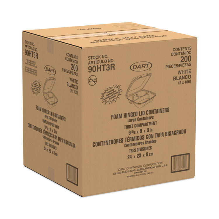 Foam Hinged Lid Container, 3 Compartments, 8 oz, 9 x 9.4 x 3, White, 100/Sleeve, 2 Sleeves/Carton