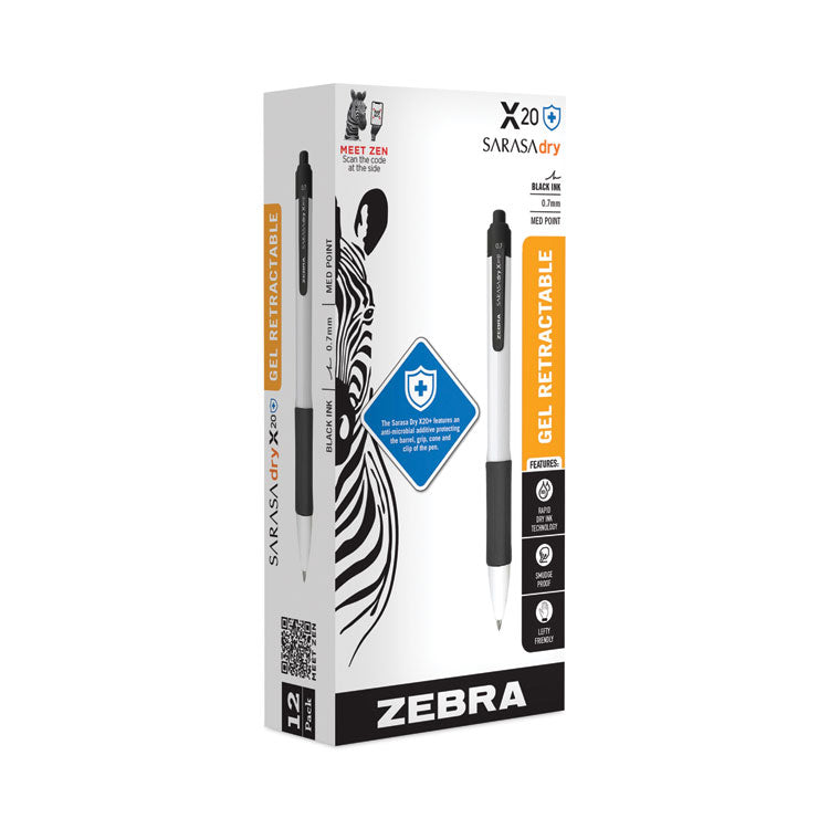 Sarasa Dry X20+ Gel Pen, Retractable, Fine 0.7 mm, Black Ink, White/Black Barrel, Dozen