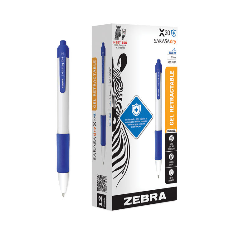 Sarasa Dry X20+ Gel Pen, Retractable, Fine 0.7 mm, Blue Ink, White/Blue Barrel, Dozen