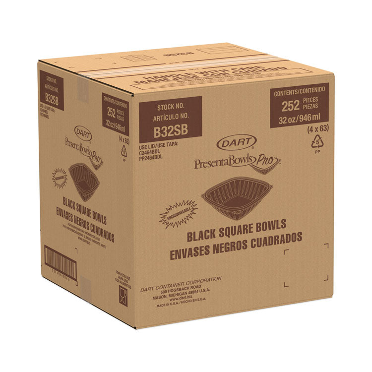 PresentaBowls Pro Black Square Bowls, 32 oz, 8.5 x 8.5 x 2, Plastic, 63/Bag, 4 Bags/Carton