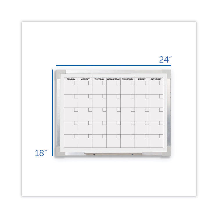 Framed Calendar Dry Erase Board, Monthly Planning/Scheduling, 24" x 18", White Surface, Satin Aluminum Frame