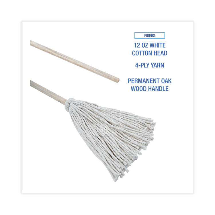 Handle/Deck Mops, #12 White Cotton Head, 48" Natural Wood Handle, 6/Pack