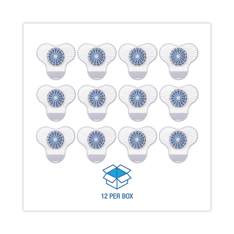 Urinal Screen with Non-Para Deodorizer Block, Green Apple Scent, 3.25 oz, Blue/White, 12/Box