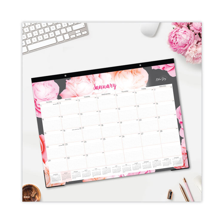 Joselyn Desk Pad, Rose Artwork, 22 x 17, White/Pink/Peach Sheets, Black Binding, Clear Corners, 12-Month (Jan to Dec): 2025