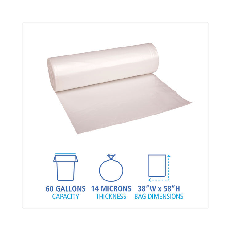 High-Density Can Liners, 60 gal, 14 mic, 38" x 58", Natural, Perforated Roll, 25 Bags/Roll, 8 Rolls/Carton