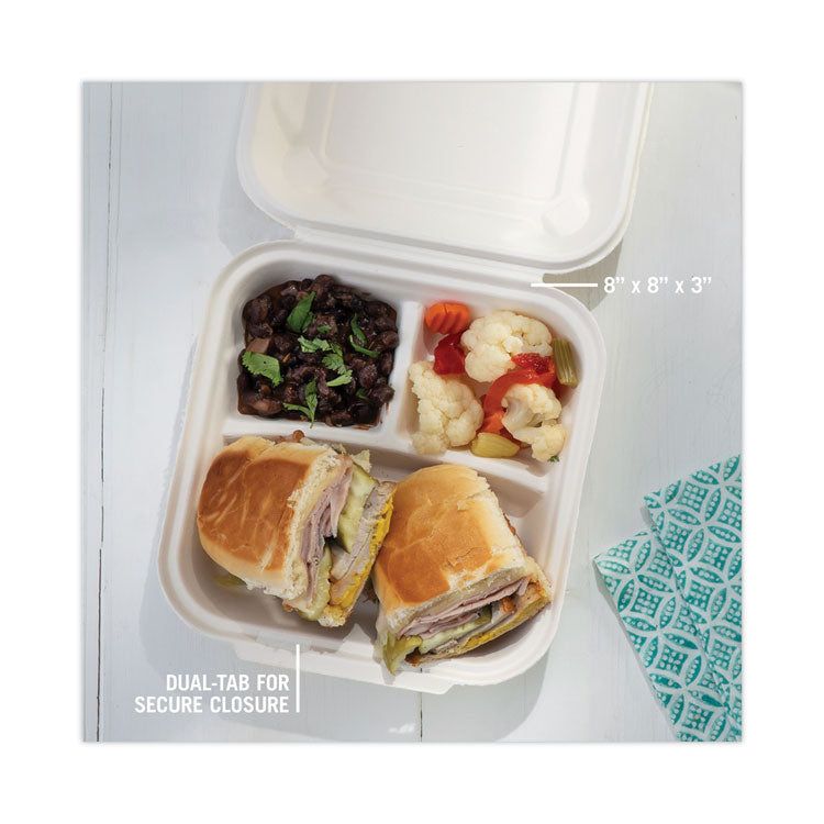 EarthChoice Bagasse Hinged Lid Container, 3 Compartments, Dual Tab Lock, 7.8 x 7.8 x 2.8, Natural, Sugarcane, 150/Carton