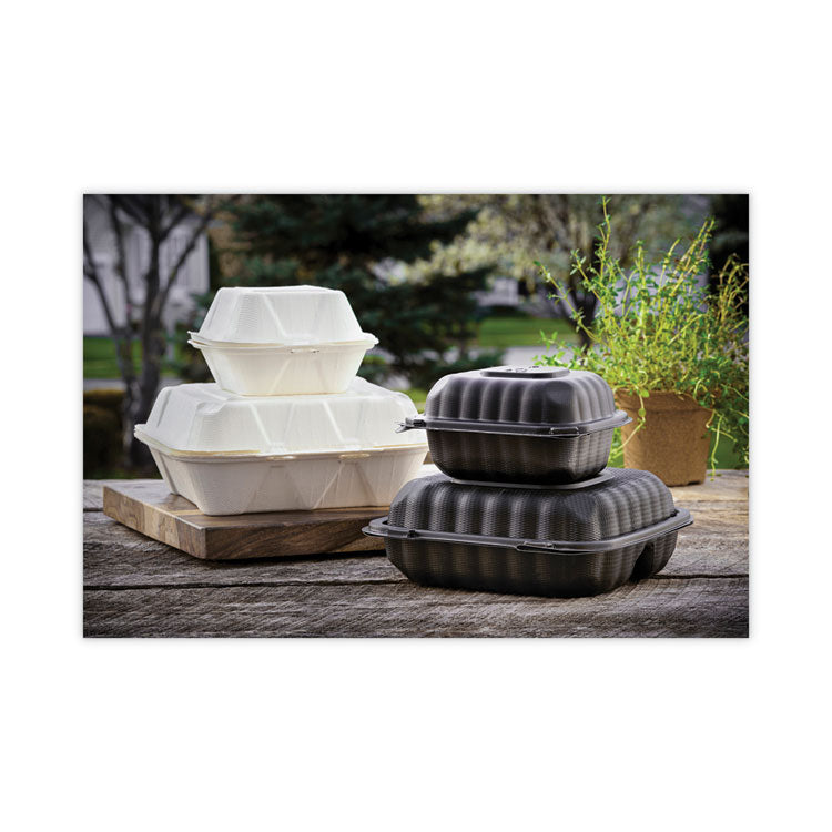 EarthChoice Bagasse Hinged Lid Container, 3 Compartments, Dual Tab Lock, 7.8 x 7.8 x 2.8, Natural, Sugarcane, 150/Carton