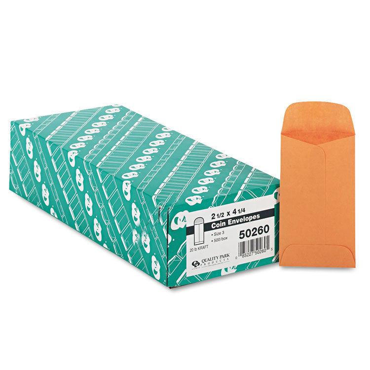 Kraft Coin and Small Parts Envelope, #3, Round Flap, Gummed Closure, 2.5 x 4.25, Brown Kraft, 500/Box