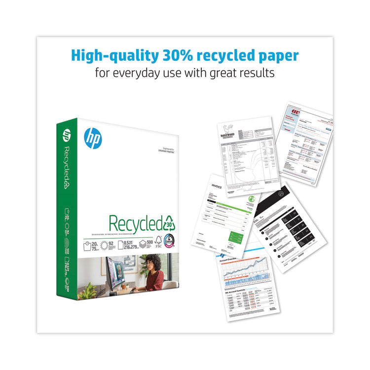 Recycled30 Paper, 92 Bright, 20 lb Bond Weight, 8.5 x 11, White, 500 Sheets/Ream, 10 Reams/Carton