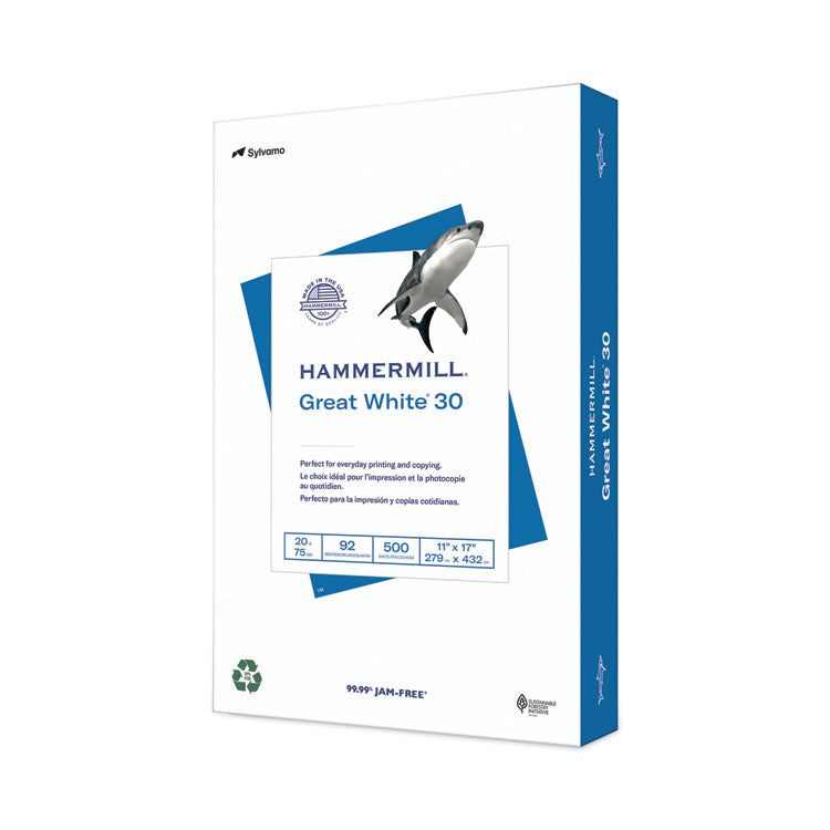 Great White 30 Recycled Print Paper, 92 Bright, 20 lb Bond Weight, 11 x 17, White, 500/Ream