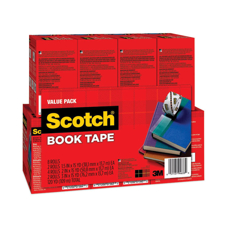 Book Tape Value Pack, 3" Core, (2) 1.5" X 15 Yds, (4) 2" X 15 Yds, (2) 3" X 15 Yds, Clear, 8/pack