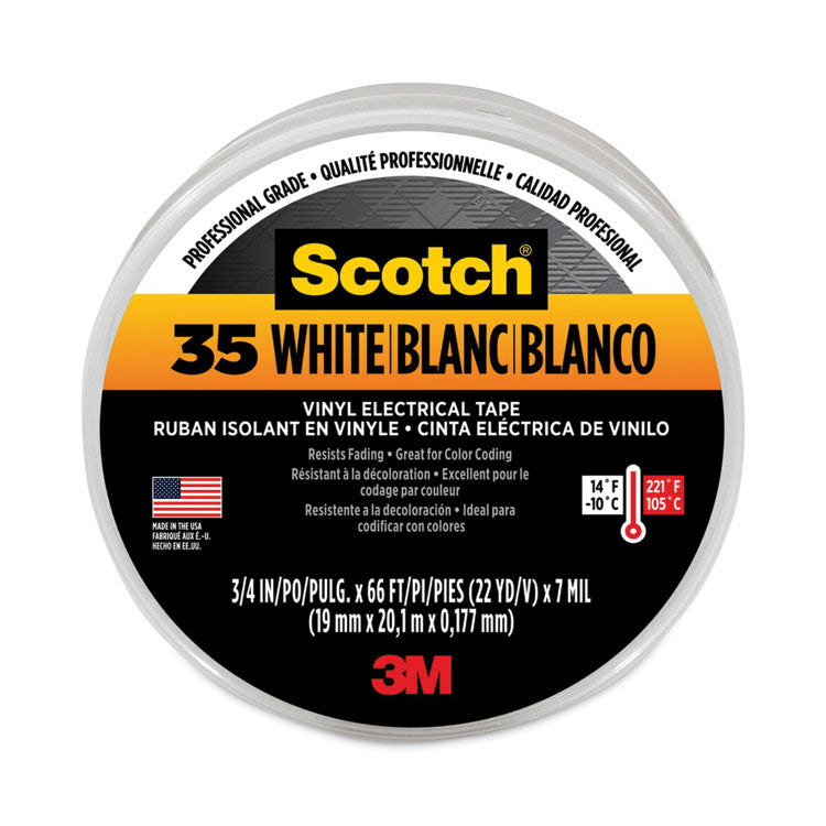 Scotch 35 Vinyl Electrical Color Coding Tape, 3" Core, 0.75" X 66 Ft, White