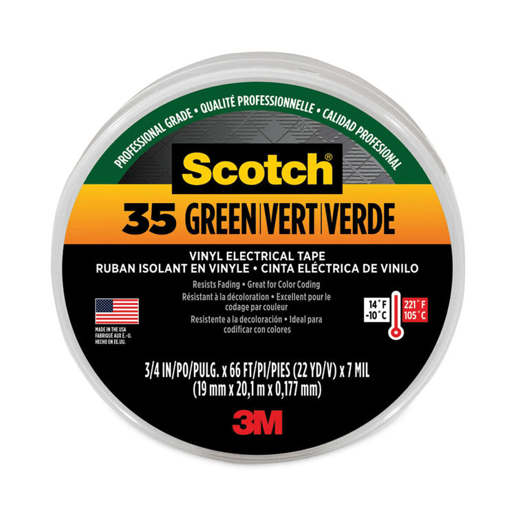 Scotch 35 Vinyl Electrical Color Coding Tape, 3" Core, 0.75" X 66 Ft, Green
