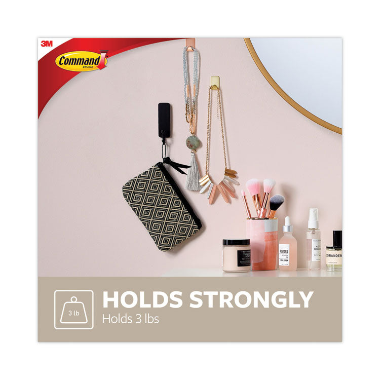 Decorative Hooks, Medium, Plastic, Matte Black, 3 lb Capacity, 2 Hooks and 4 Strips/Pack