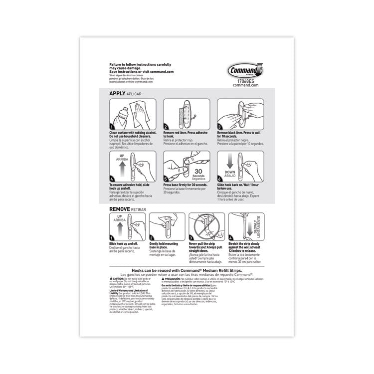 General Purpose Wire Hooks, Medium, Metal, White, 3 lb Capacity, 2 Hooks and 4 Strips/Pack