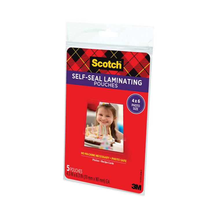 Self-Sealing Laminating Pouches, 9.5 Mil, 4.38" X 6.38", Gloss Clear, 5/pack