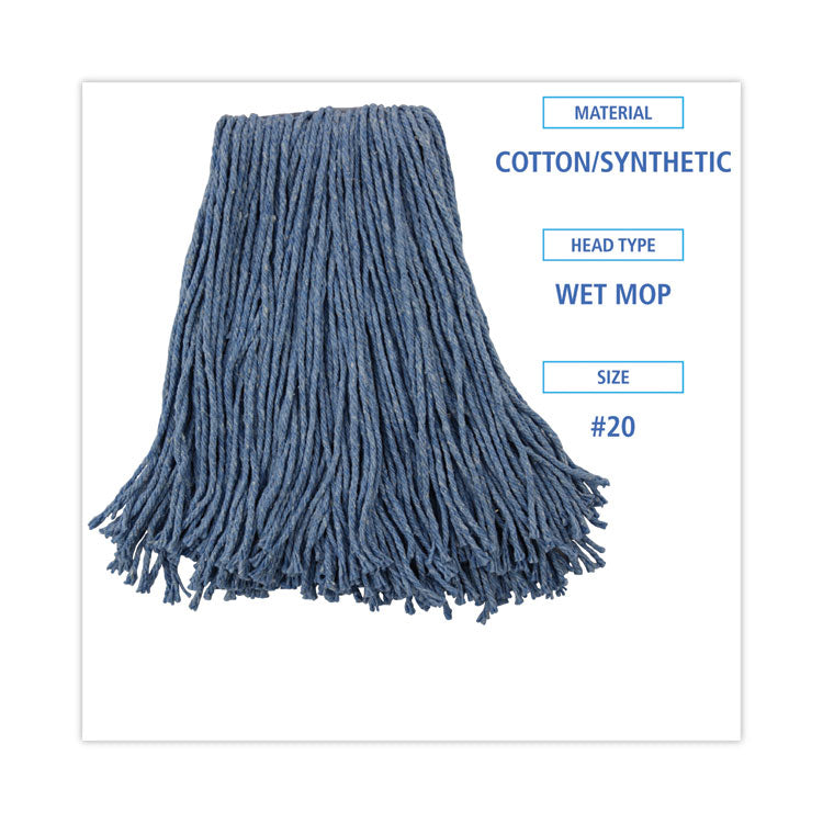 Mop Head, Standard Head, Cotton/synthetic Fiber, Cut-End, #20, Blue, 12/carton