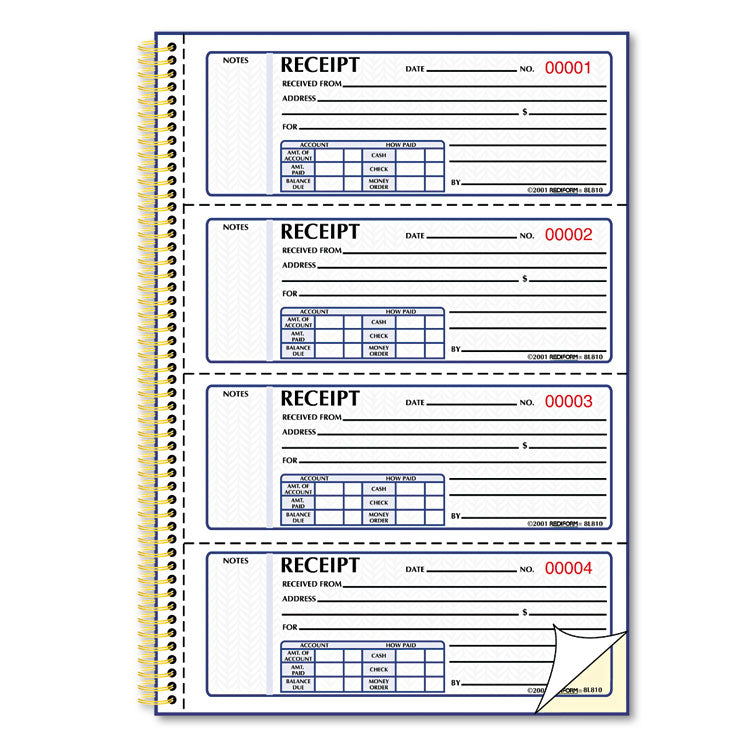 Gold Standard Money Receipt Book, Two-Part Carbonless, 7 x 2.75, 4 Forms/Sheet, 300 Forms Total