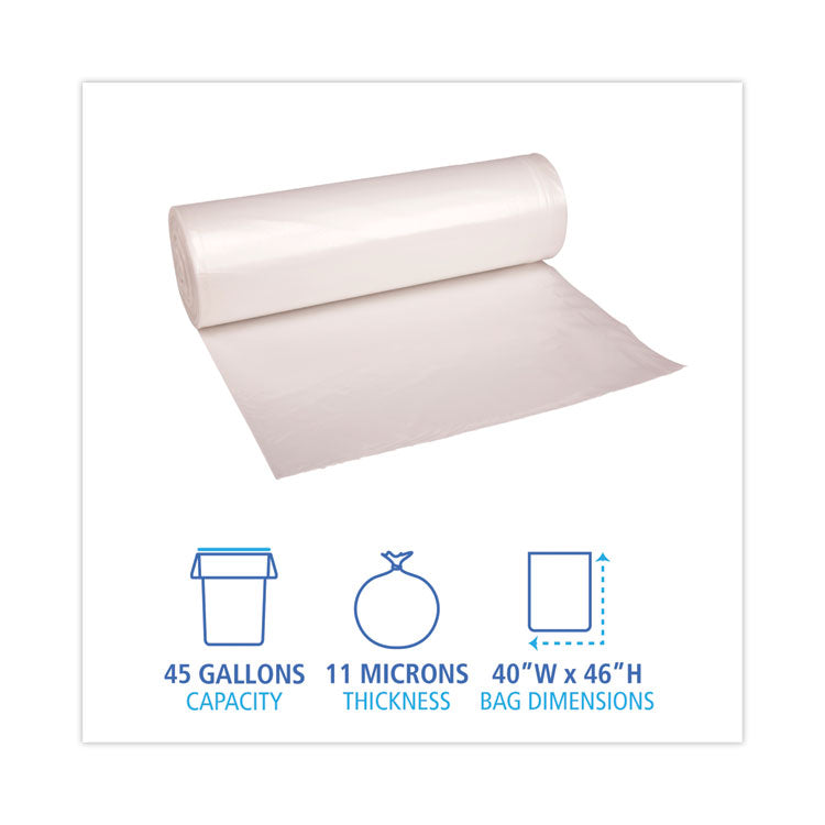 High-Density Can Liners, 45 gal, 11 mic, 40" x 46", Natural, Perforated Roll, 25 Bags/Roll, 10 Rolls/Carton