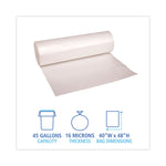 High Density Industrial Can Liners Coreless Rolls, 45 gal, 16 mic, 40" x 48", Natural, Perforated, 25 Bags/Roll, 10 Rolls/CT