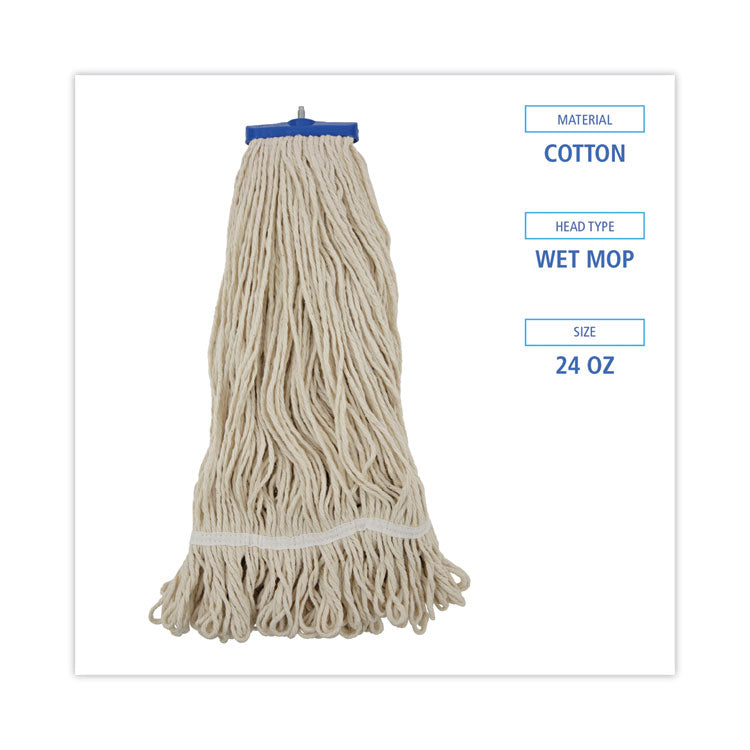 Mop Head, Lie-Flat Head, Cotton Fiber, 24 oz, White, 12/Carton