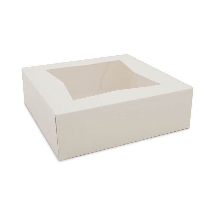 White Window Bakery Boxes with Attached Flip Top, 4-Corner Beers Design, 8 x 8 x 2.5, White, Paper, 200/Carton