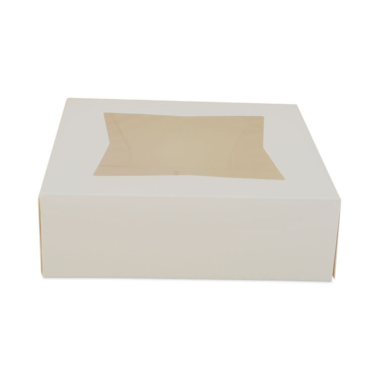 White Window Bakery Boxes with Attached Flip Top, 4-Corner Beers Design, 8 x 8 x 2.5, White, Paper, 200/Carton