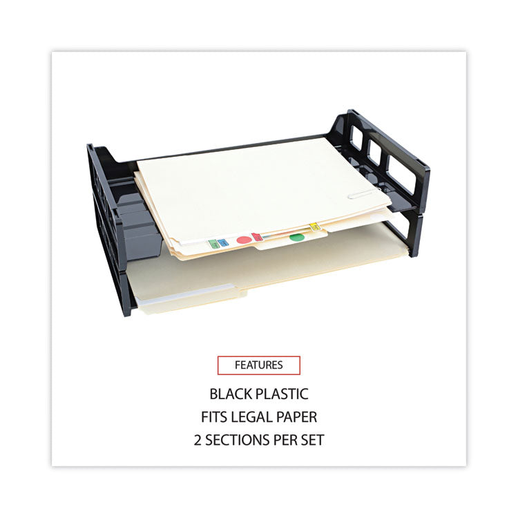 Recycled Plastic Side Load Desk Trays, 2 Sections, Legal Size Files, 16.25" X 9" X 2.75", Black
