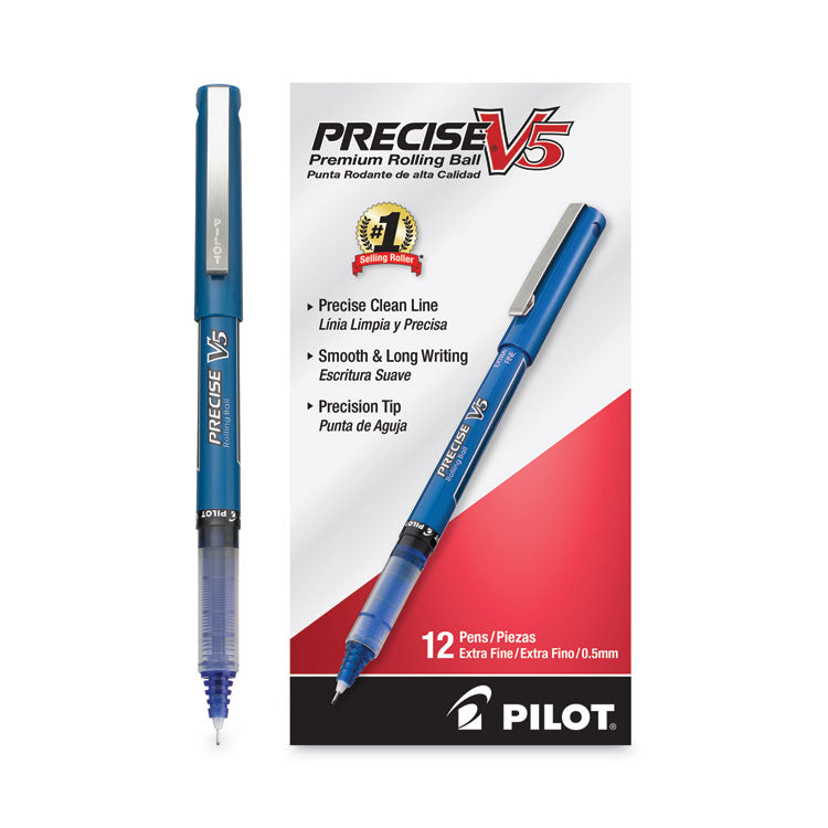 Precise V5 Rollerball Pen, Stick, Extra-Fine 0.5 mm, Blue Ink, Blue/Clear Barrel, Dozen