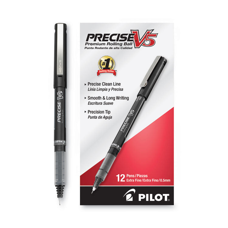 Precise V5 Rollerball Pen, Stick, Extra-Fine 0.5 mm, Black Ink, Black/Clear Barrel, Dozen