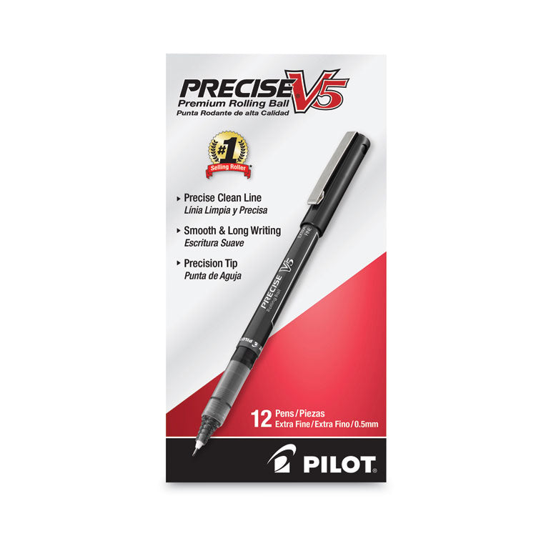 Precise V5 Rollerball Pen, Stick, Extra-Fine 0.5 mm, Black Ink, Black/Clear Barrel, Dozen